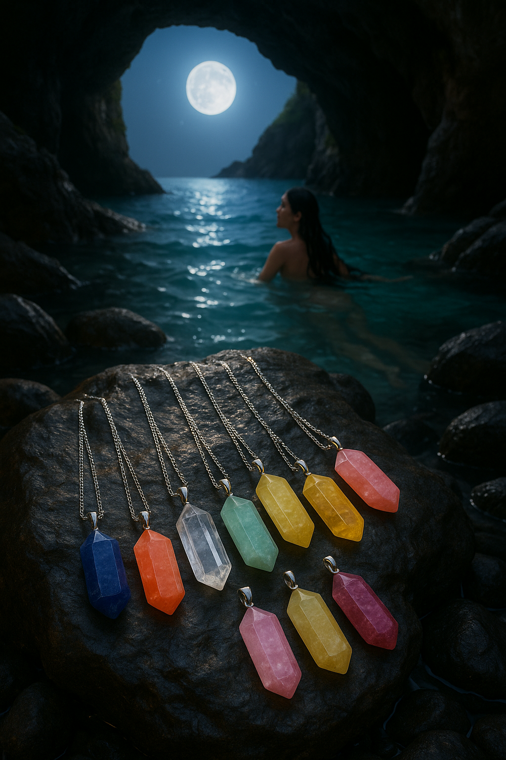 Colorful crystal pendants on a rock with a person in water and moonlit sky in the background